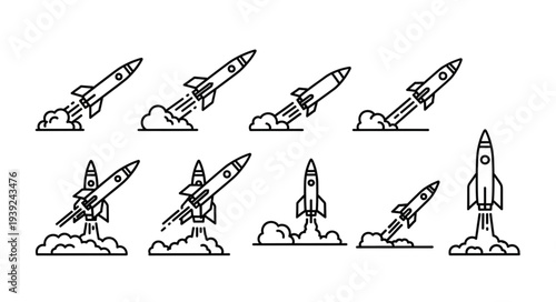 Collection of rocket launch illustrations in simple line art style.