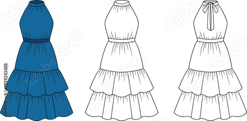 A blue tiered maxi dress with a halter neckline and a dark blue belt, shown with two white outline sketches on a white background
