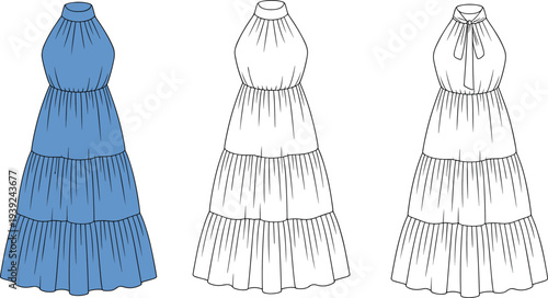 A light blue tiered maxi dress with a halter neckline and a bow detail at the back, shown with two white outline sketches on a white background