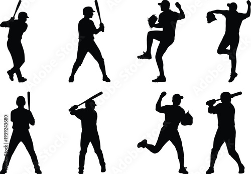 Set of eight distinct black silhouette baseball players captured in dynamic action poses, showcasing pitching, batting, and fielding moments.