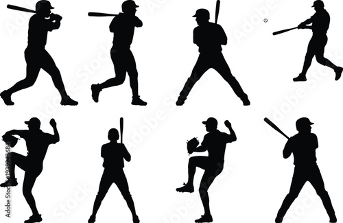 Eight black silhouette baseball players in dynamic poses, illustrating pitching, batting, and fielding actions, isolated on a clean white background.