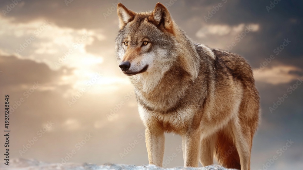 Obraz premium Wolf stands atop snowy hill at sunrise