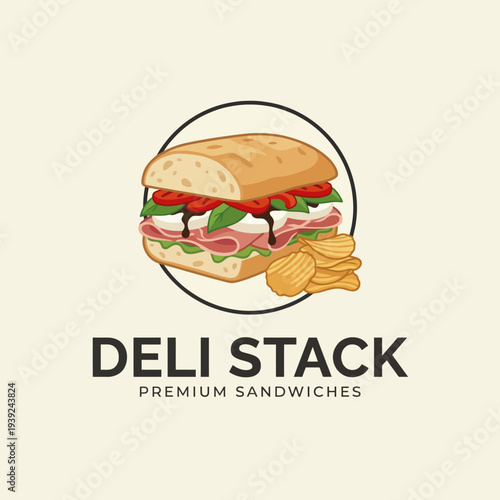 A vibrant illustration of a deli sandwich stacked with layers of meats, vegetables, and condiments, accompanied by crispy chips, evoking hunger and freshness in every bite.
