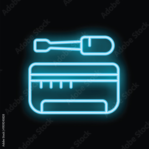 Bright turquoise neon icon of an eyeshadow palette with applicator brush is glowing on a dark background