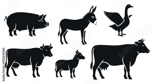 Farm Animals Silhouettes Collection: Pig, Donkey, Goose, Cow, Calf Vector Set