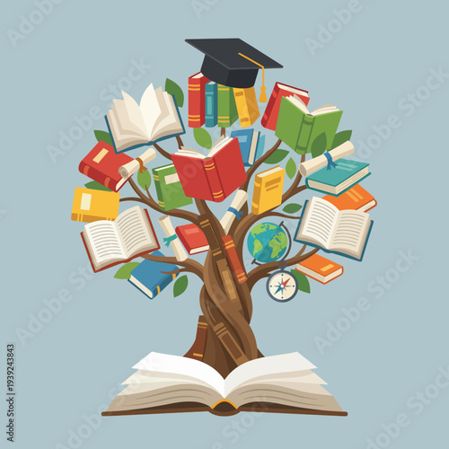 A creative representation of a tree filled with books, symbolizing growth, education, and the quest for knowledge, adorned with elements that ignite curiosity and wisdom.