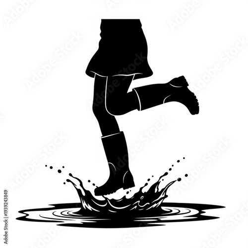 A black silhouette of a woman wearing boots and a skirt, jumping into a puddle of water, creating a splash