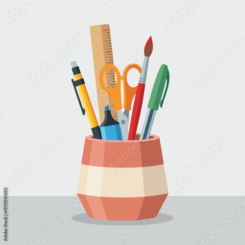 A vibrant and organized illustration of a container filled with various art supplies, reflecting creativity, productivity, and inspiration in the artistic process.