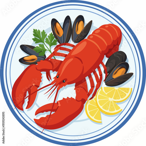 A beautifully arranged plate showcasing a vibrant lobster alongside mussels and garnished with lemon slices, representing quality cuisine and seafood delicacies.
