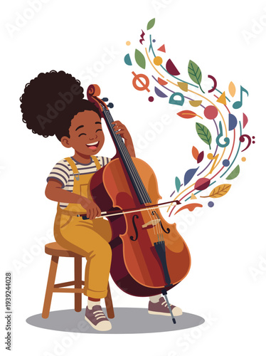 A cheerful girl plays the cello, surrounded by colorful notes and leaves, expressing her joy and creativity through music in a vibrant and uplifting scene.