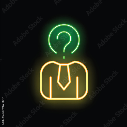 Neon illustration of a businessman with a question mark instead of his head, symbolizing confusion and uncertainty