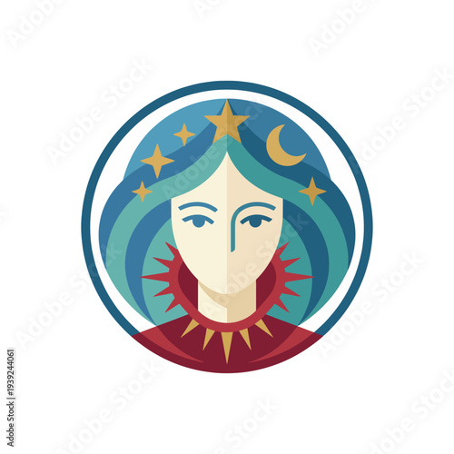 A mystical portrait features a woman surrounded by stars and a moon, representing fantasy and introspection. It combines symbolism and artistic elements for a captivating visual.