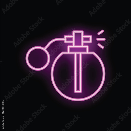 Neon sign of a perfume bottle spraying fragrance is glowing on a black background