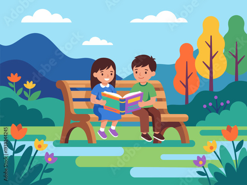 Two children sit on a bench in a colorful park, happily reading books together amidst beautiful flowers and trees in a vibrant landscape that represents joy and learning.