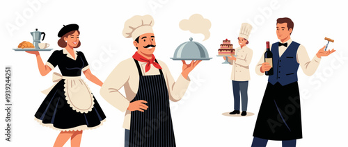 A collection of culinary professionals, including a chef and waitstaff, showcases the vibrant world of gastronomy, emphasizing teamwork and the art of food service in a restaurant.