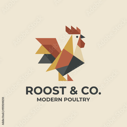 The logo features a geometric rooster, capturing a modern and vibrant look for Roost & Co., representing innovation in poultry industry branding.