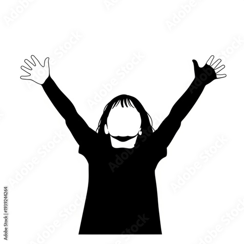 A black silhouette of a woman with her arms raised in celebration on a white background
