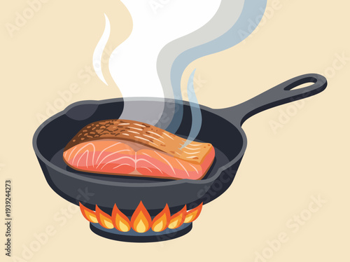 A delicious piece of salmon sears in a cast iron pan, releasing steam as it cooks, highlighting the process of meal preparation and the joy of culinary adventures at home.
