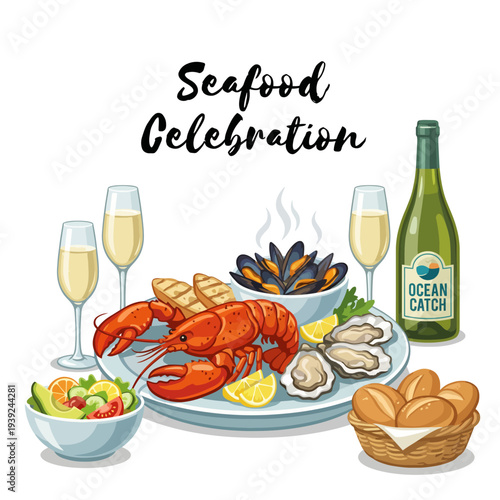 A vibrant seafood platter featuring lobster, oysters, mussels, fruits, and a bottle of champagne, perfect for a festive gourmet celebration with friends and family.