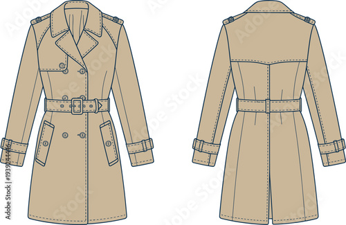 Fashion illustration of a beige trench coat with belt from front and back views outerwear garment