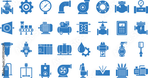 Collection of various industrial and mechanical icons in blue color