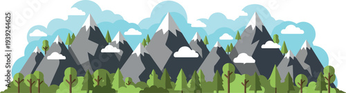 Stunning Mountain Range Landscape with Snow-Capped Peaks, Lush Green Trees, and Fluffy Clouds in a Vibrant Illustration