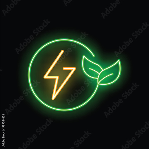 Green neon sign showing the concept of green energy with a lightning bolt and leaves