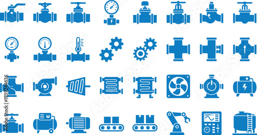 Collection of various industrial and mechanical icons in blue color