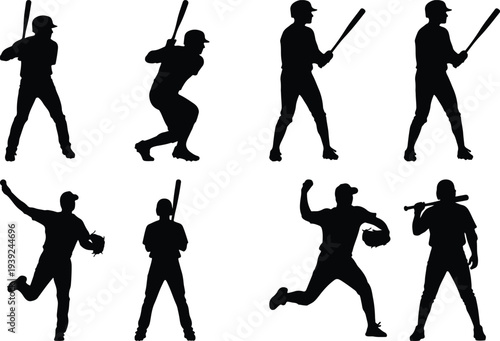 Compilation of eight black silhouette baseball athletes demonstrating various game actions, from pitching a ball to swinging a bat.