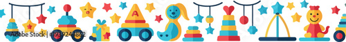 Colorful Collection of Vintage and Modern Toys Arranged in a Seamless Horizontal Pattern