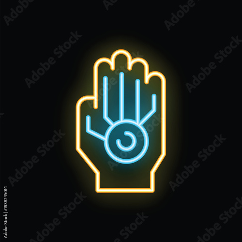Neon sign depicting a hand with an eye in the center, symbolizing concepts like clairvoyance and intuition
