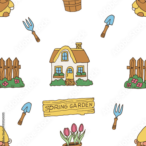 Colorful  gardening doodle seamless pattern Spring garden. Hand-drawn line art vector background.