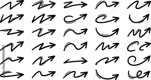 Collection of various hand drawn curved and wavy arrows in black