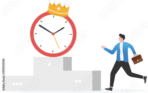 Successful Businessman on Podium with Large Alarm Clock