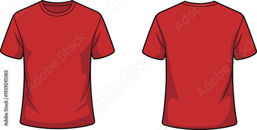 Front and Back View of a Red Short- Sleeved T- Shirt with Outline on White Background t-shirt red t-shirt