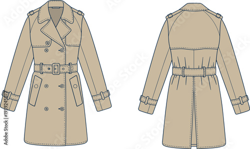 Front and back view of a tan double-breasted trench coat with belt and epaulets, detailed stitching on a white background Keywords: trench coat, tan coat, double-breasted, belted coat, epaulets