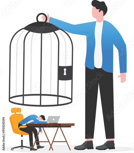 Businessman Guarding Exhausted Worker in Large Cage