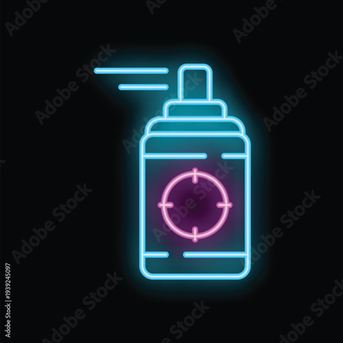 Glowing neon line spray can aiming at target icon isolated on black background vector illustration