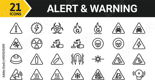 Collection of 21 black outline alert and warning icons on for various hazards and dangers