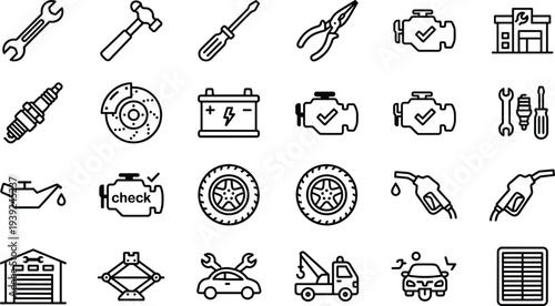 Black and white line icons of various car maintenance and repair tools and symbols