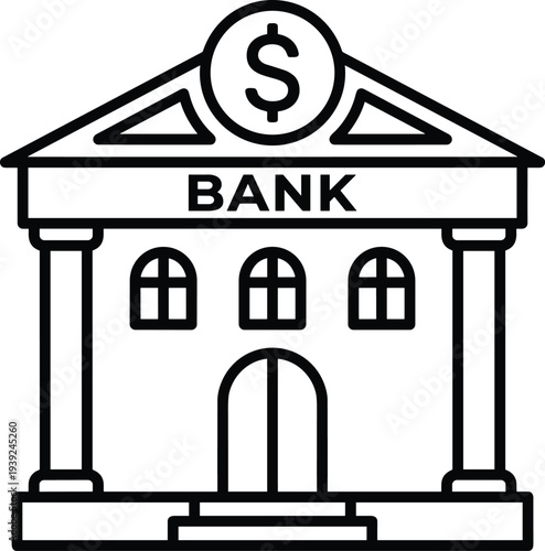 Black and white line drawing of a bank building with a dollar sign on the roof