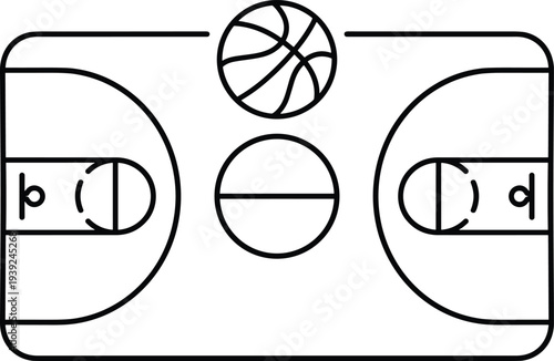 A black line drawing of a basketball court with a ball