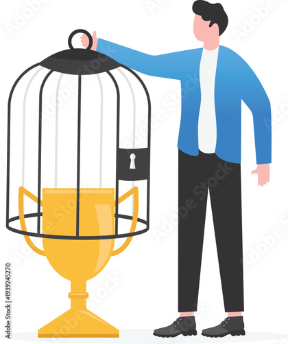 Businessman Guarding Golden Achievement Trophy in Cage