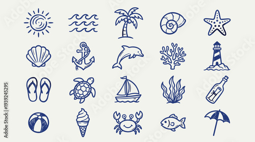 A collection of various beach and sea icons in blue lines