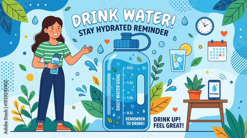Woman encouraging hydration with daily water goal reminder