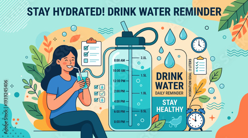 Woman drinking water with hydration reminder illustration