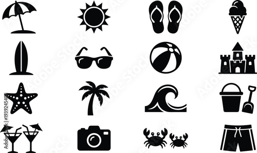 Black icons of various beach and summer related objects and symbols