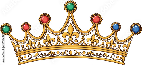 Royal Golden Crown with Red, Green, and Blue Jewels, Symbol of Royalty, Power, and Authority