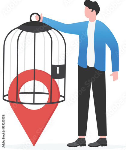 Businessman Guarding Location Map Pointer in Cage