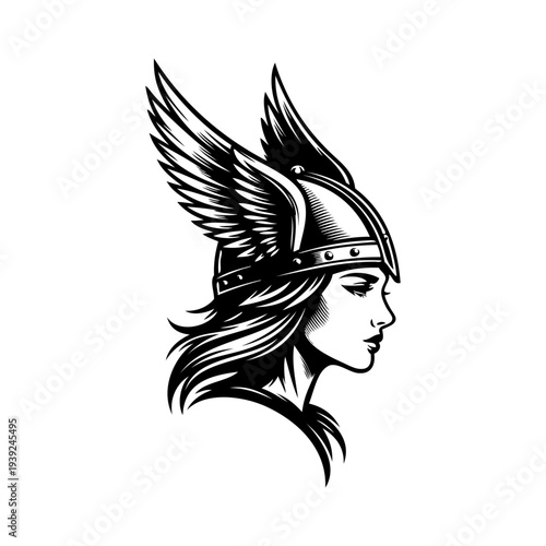 Logo valkiria nórdica. Icono con chica nórdica con casco bárbaro con alas de ave